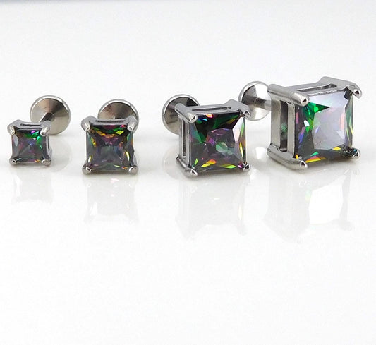 Rainbow Surgical Steel Stud Earring: Threadless Princess Cut Prong Set Labret Nose Ring