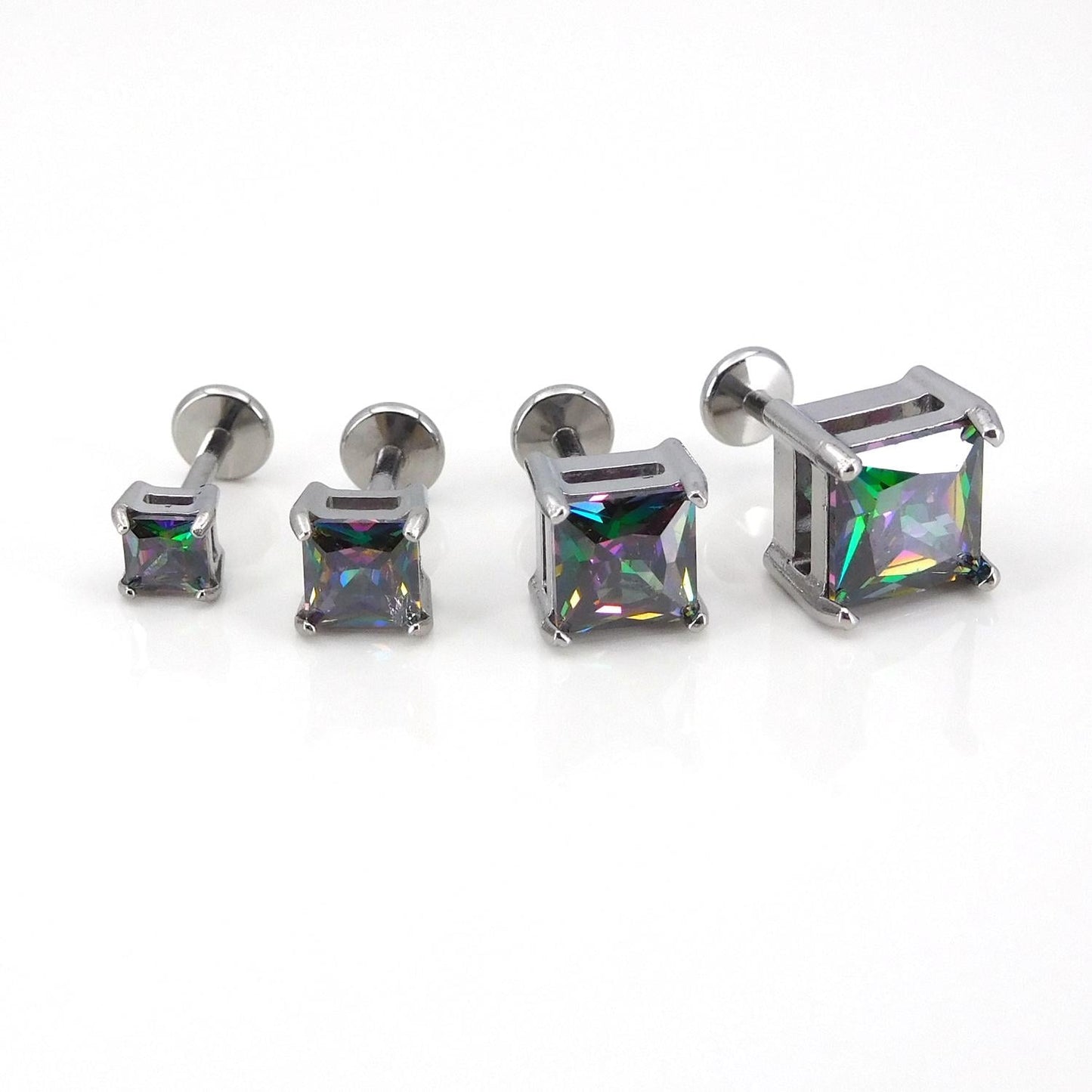Rainbow Surgical Steel Stud Earring: Threadless Princess Cut Prong Set Labret Nose Ring