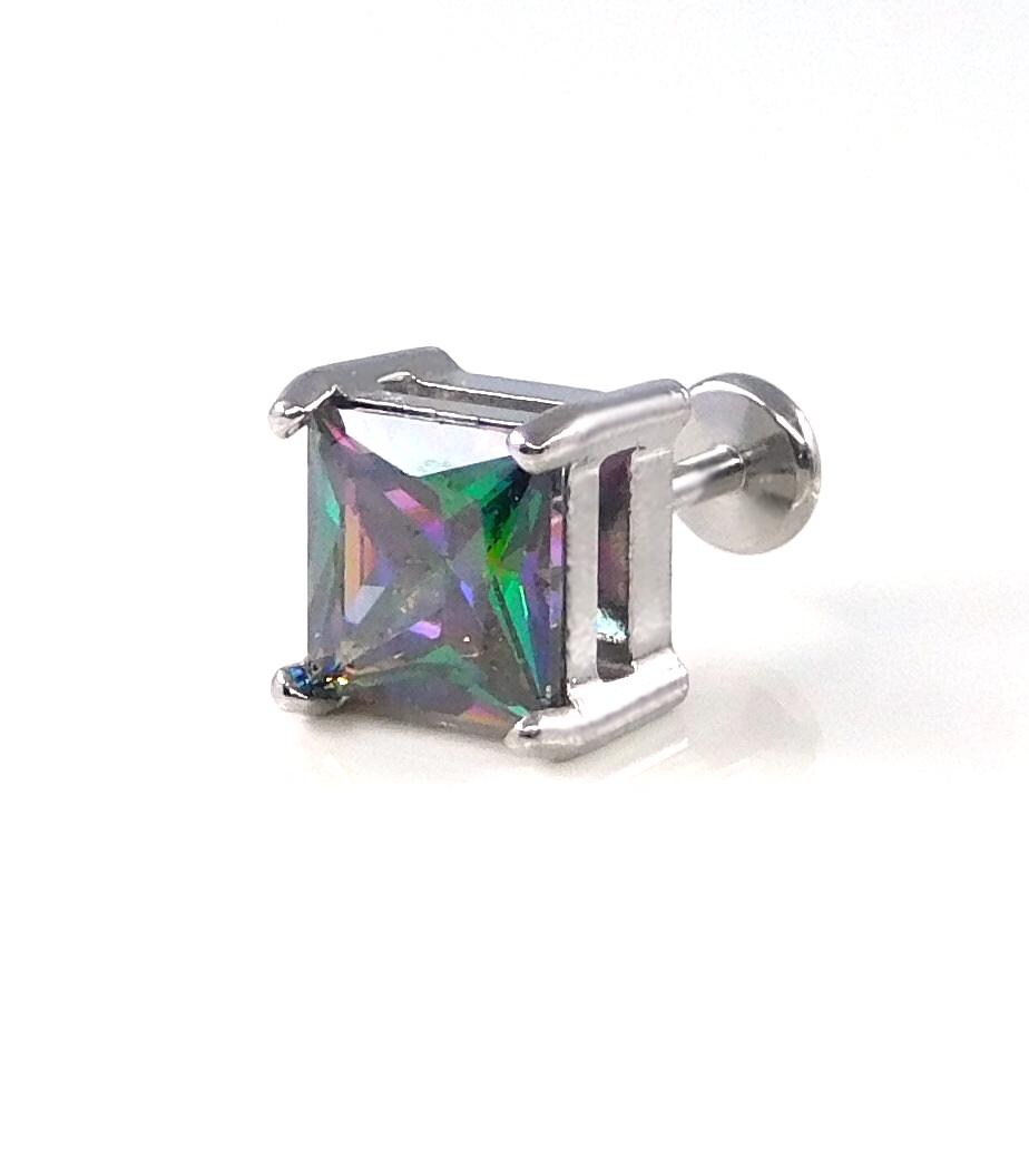 Rainbow Surgical Steel Stud Earring: Threadless Princess Cut Prong Set Labret Nose Ring