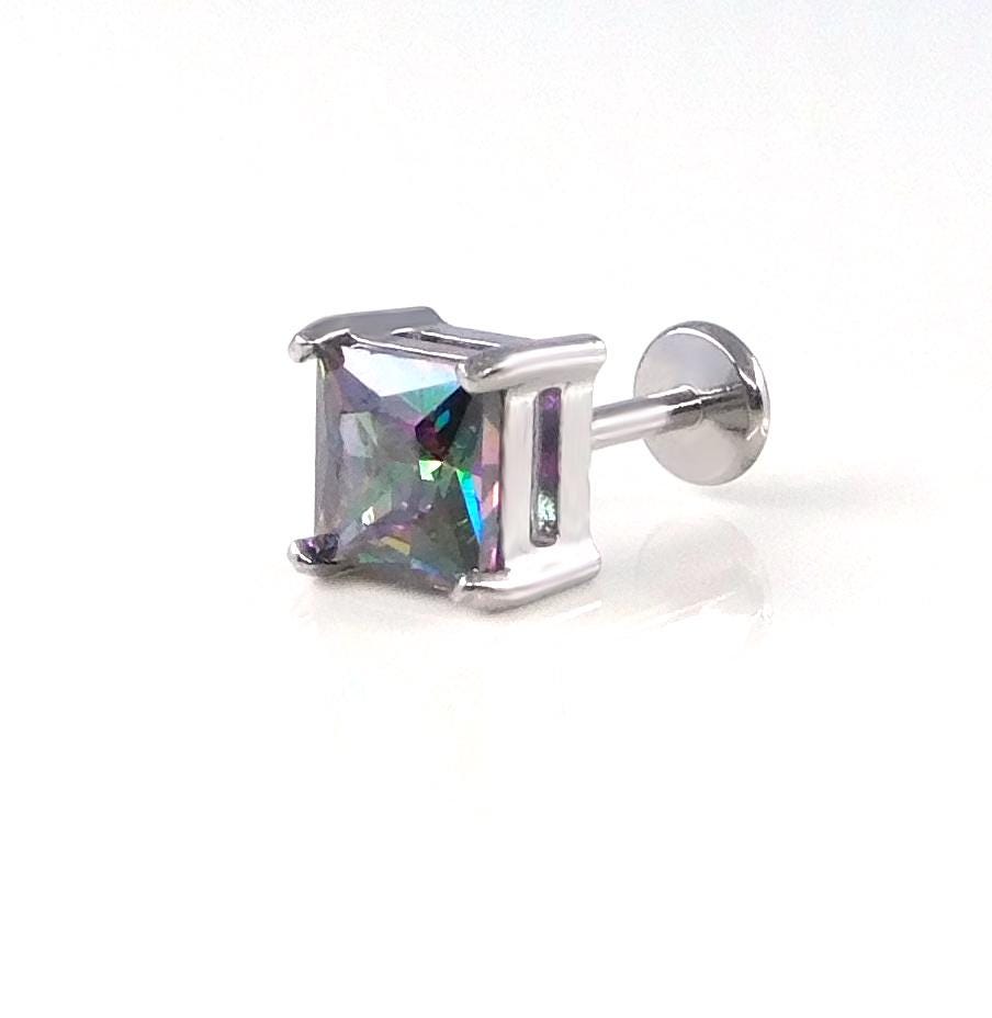 Rainbow Surgical Steel Stud Earring: Threadless Princess Cut Prong Set Labret Nose Ring