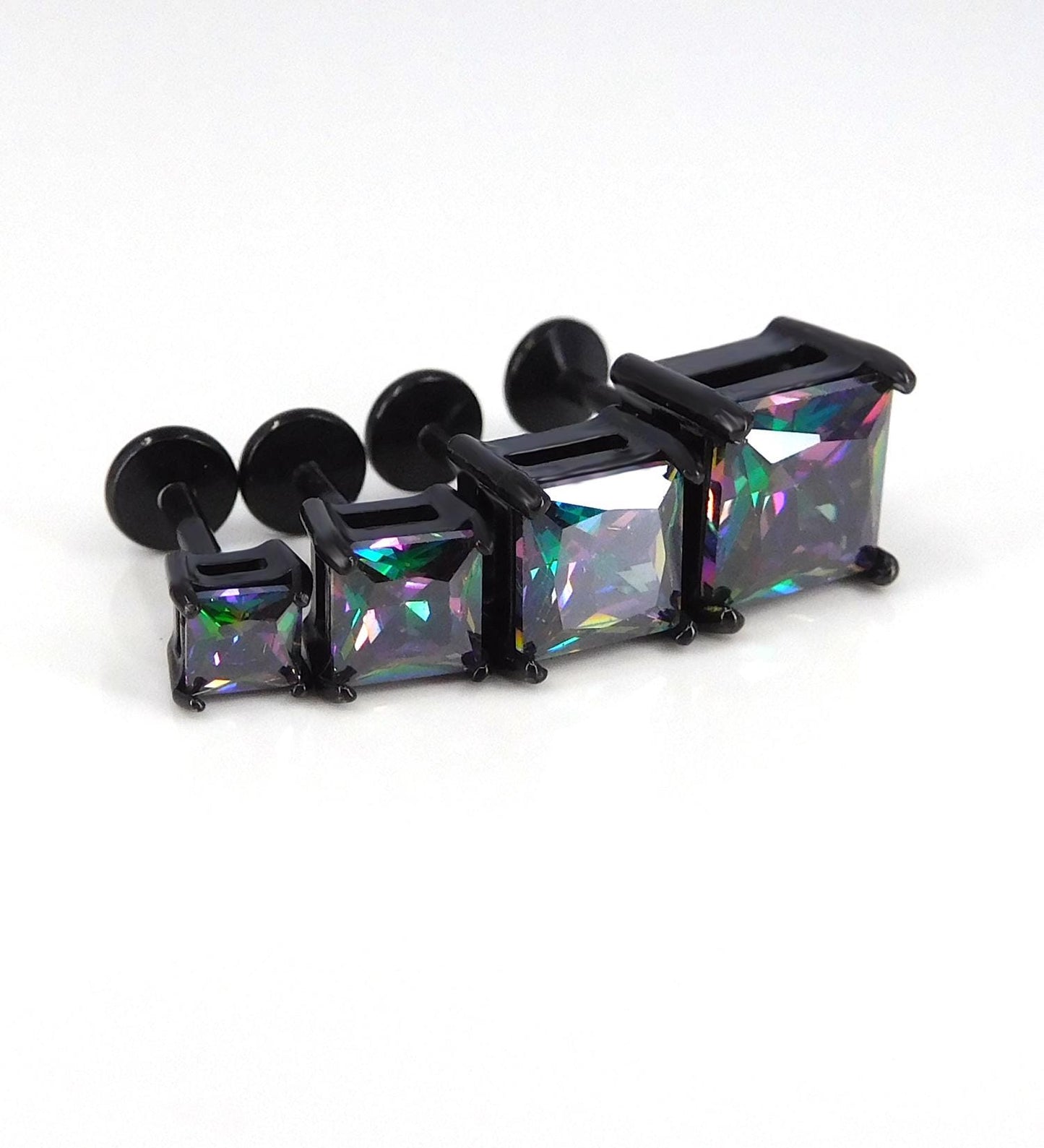 Black Rainbow Stud Earring: Threadless Princess Cut Prong Set Labret Nose Ring
