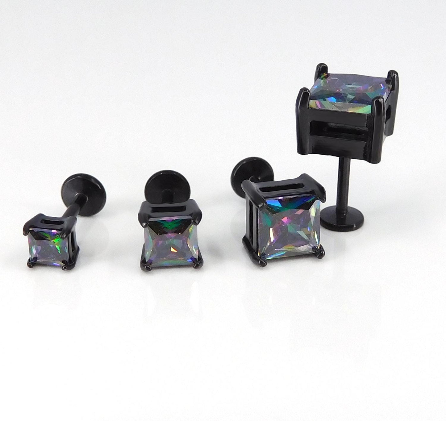 Black Rainbow Stud Earring: Threadless Princess Cut Prong Set Labret Nose Ring