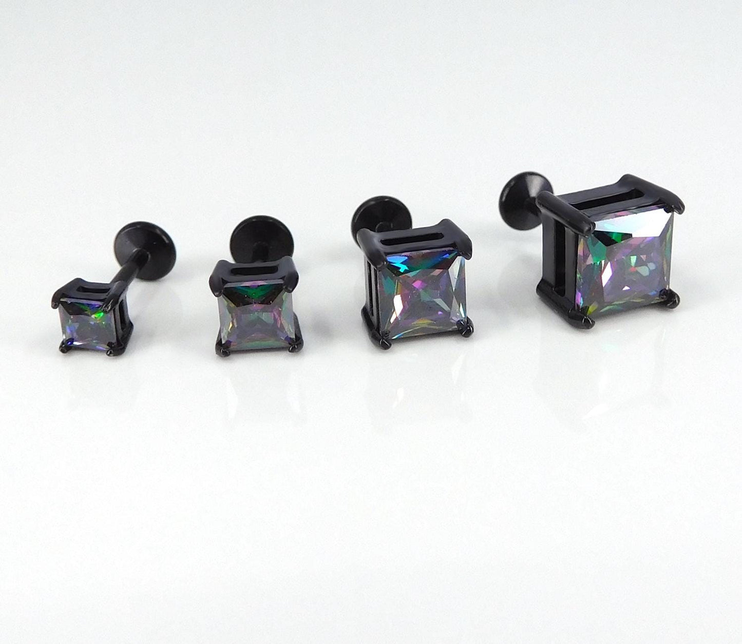Black Rainbow Stud Earring: Threadless Princess Cut Prong Set Labret Nose Ring