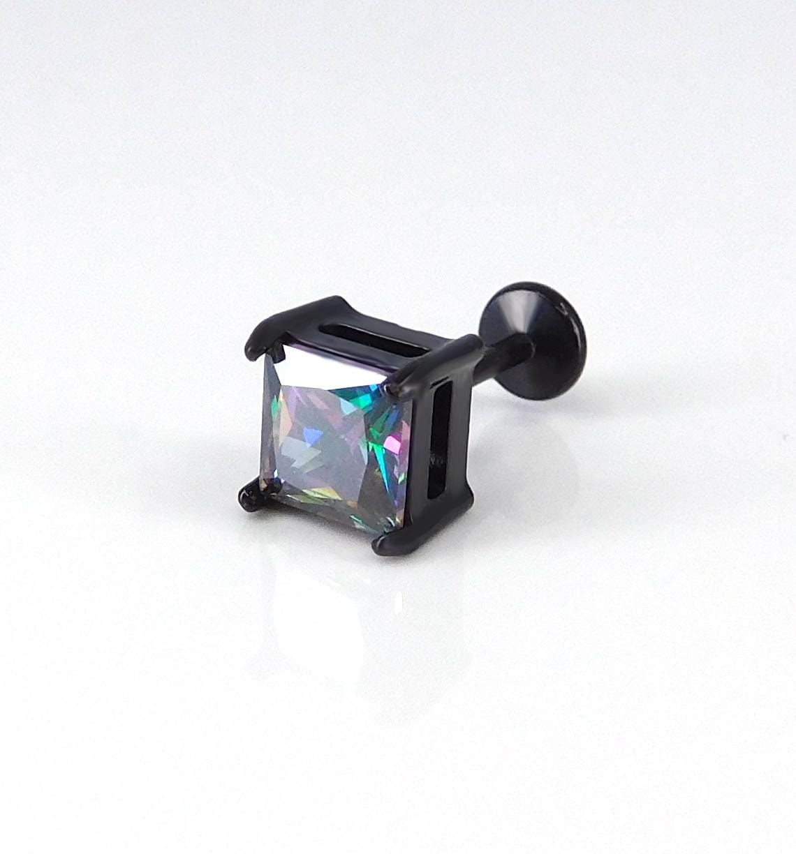 Black Rainbow Stud Earring: Threadless Princess Cut Prong Set Labret Nose Ring