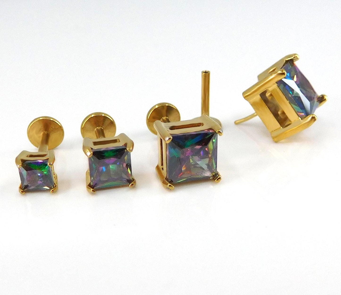 Rainbow Gold PVD Stud Earring: Threadless Princess Cut Prong Set Labret Nose Ring