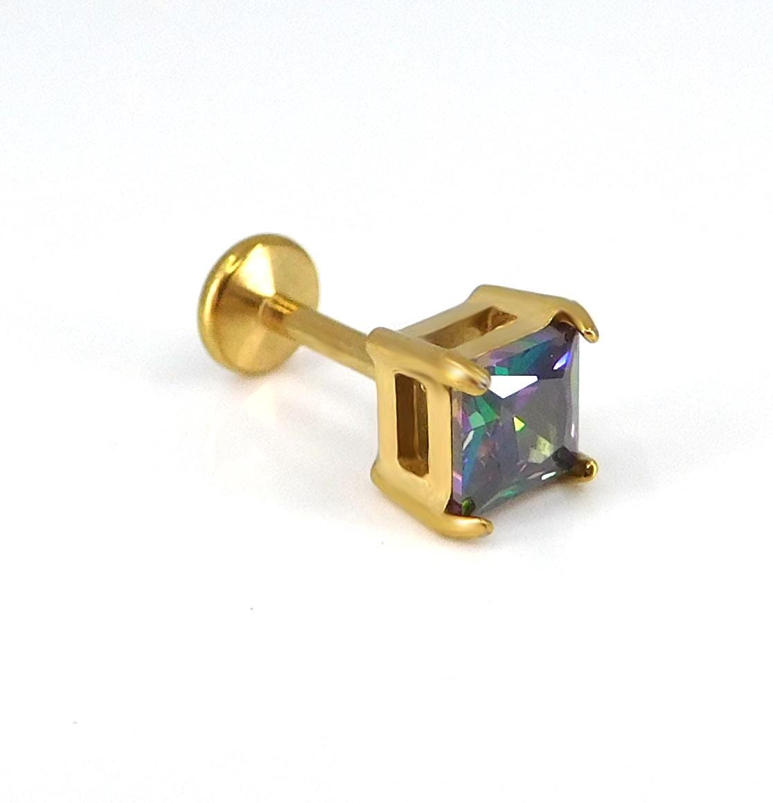 Rainbow Gold PVD Stud Earring: Threadless Princess Cut Prong Set Labret Nose Ring