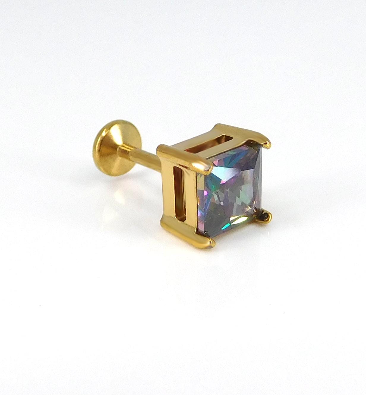 Rainbow Gold PVD Stud Earring: Threadless Princess Cut Prong Set Labret Nose Ring