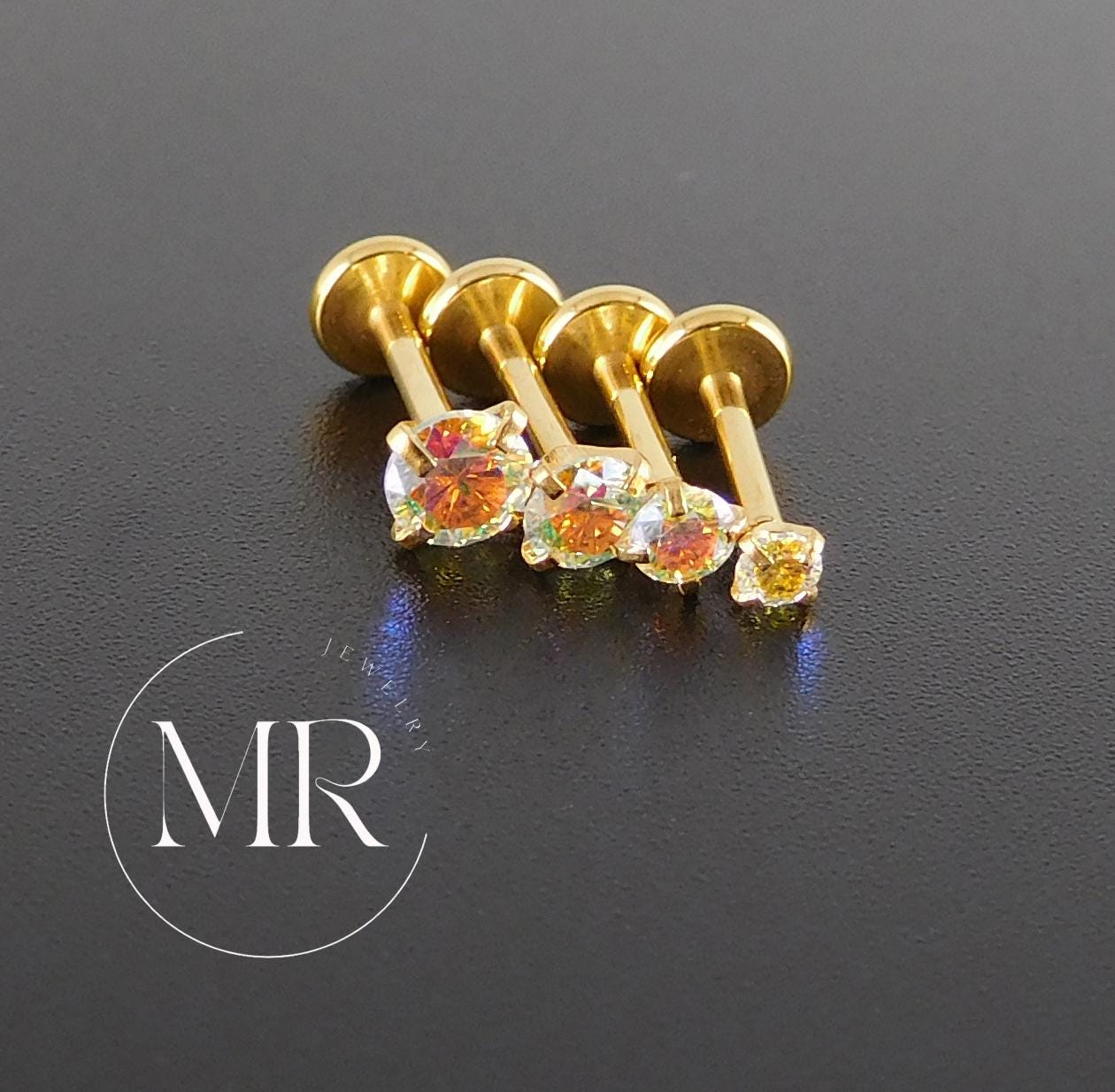 AB Moissanite Gold PVD Stud Earring: Threadless Cartilage, Tragus, Nose Ring
