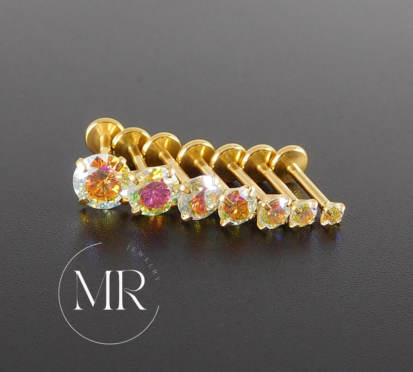 AB Moissanite Gold PVD Stud Earring: Threadless Cartilage, Tragus, Nose Ring