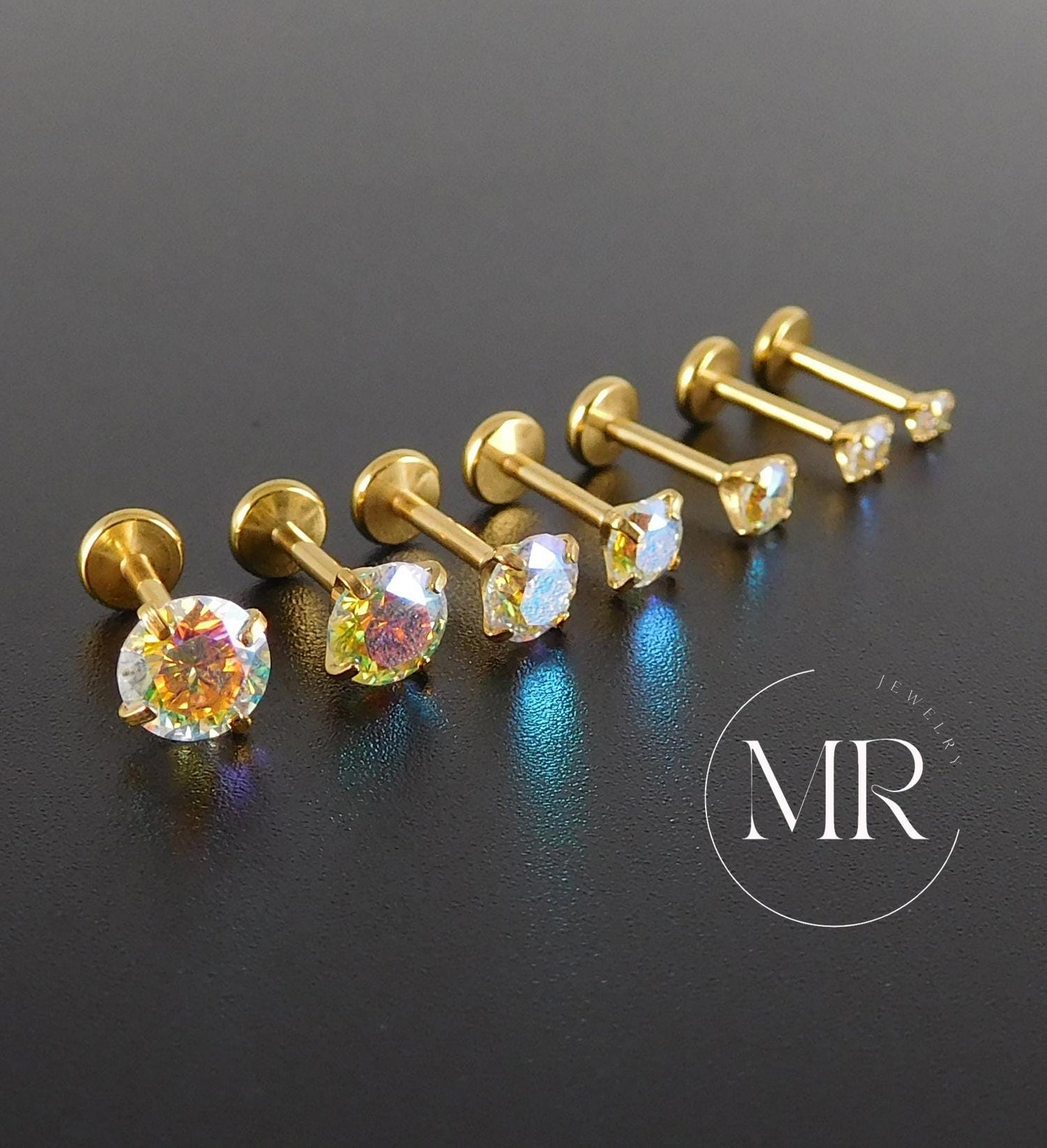 AB Moissanite Gold PVD Stud Earring: Threadless Cartilage, Tragus, Nose Ring