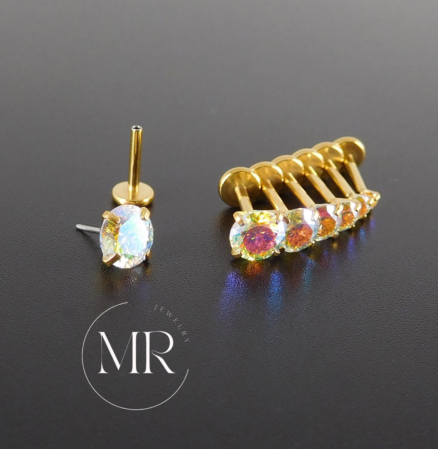 AB Moissanite Gold PVD Stud Earring: Threadless Cartilage, Tragus, Nose Ring