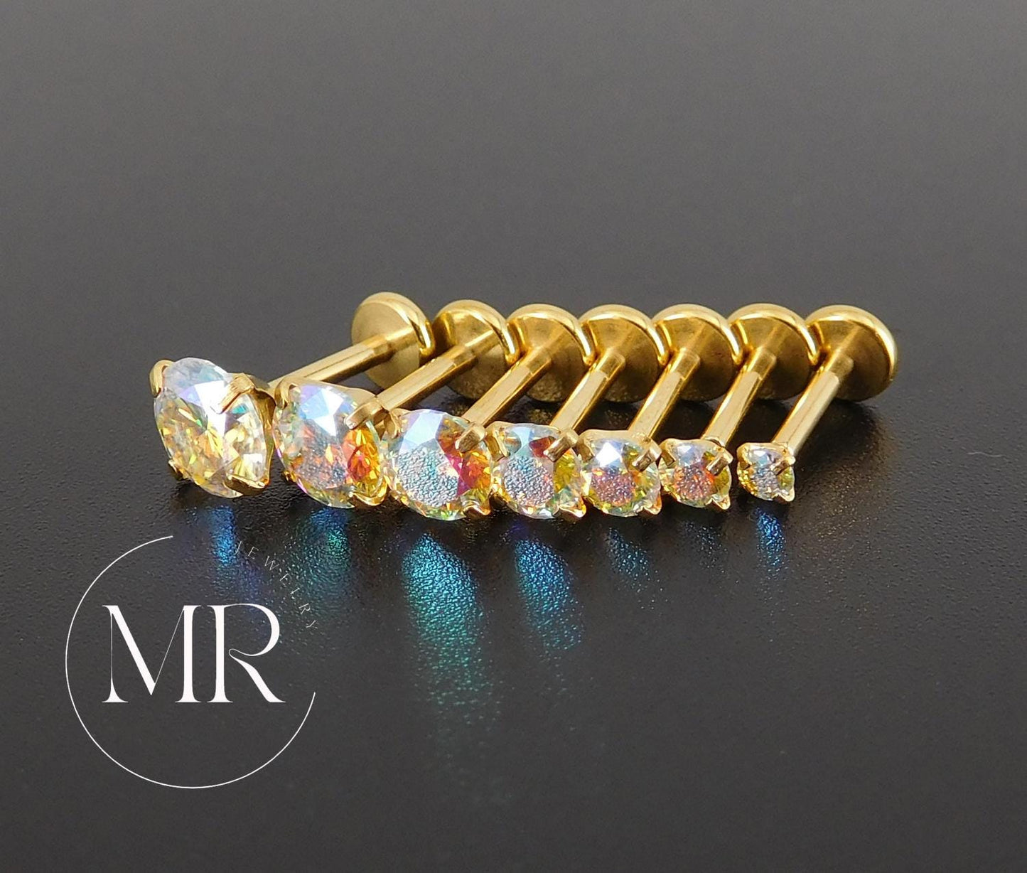 AB Moissanite Gold PVD Stud Earring: Threadless Cartilage, Tragus, Nose Ring