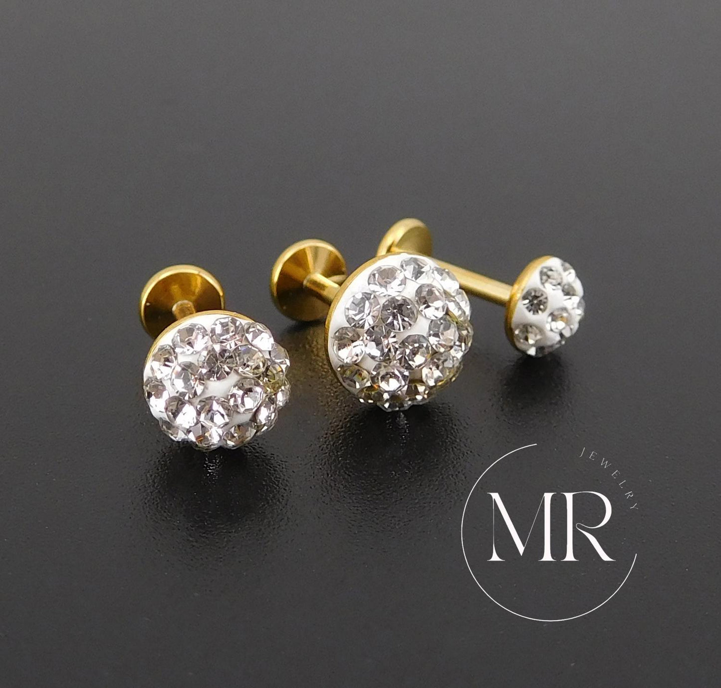 Gold PVD Threadless Stud, Clear Crystal Pave Piercing Jewelry, Cartilage Helix Tragus Nose Ring