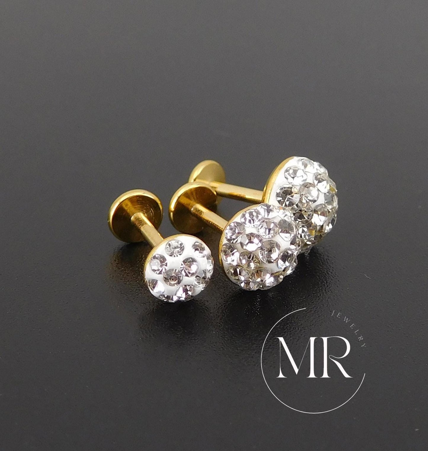 Gold PVD Threadless Stud, Clear Crystal Pave Piercing Jewelry, Cartilage Helix Tragus Nose Ring
