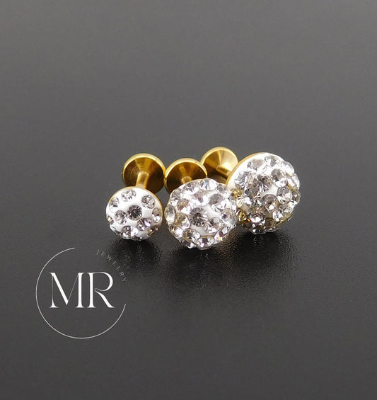 Gold PVD Threadless Stud, Clear Crystal Pave Piercing Jewelry, Cartilage Helix Tragus Nose Ring
