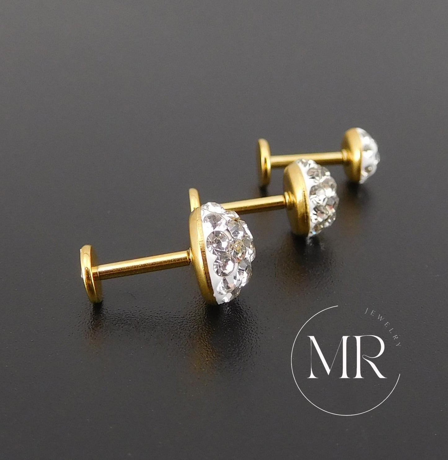 Gold PVD Threadless Stud, Clear Crystal Pave Piercing Jewelry, Cartilage Helix Tragus Nose Ring