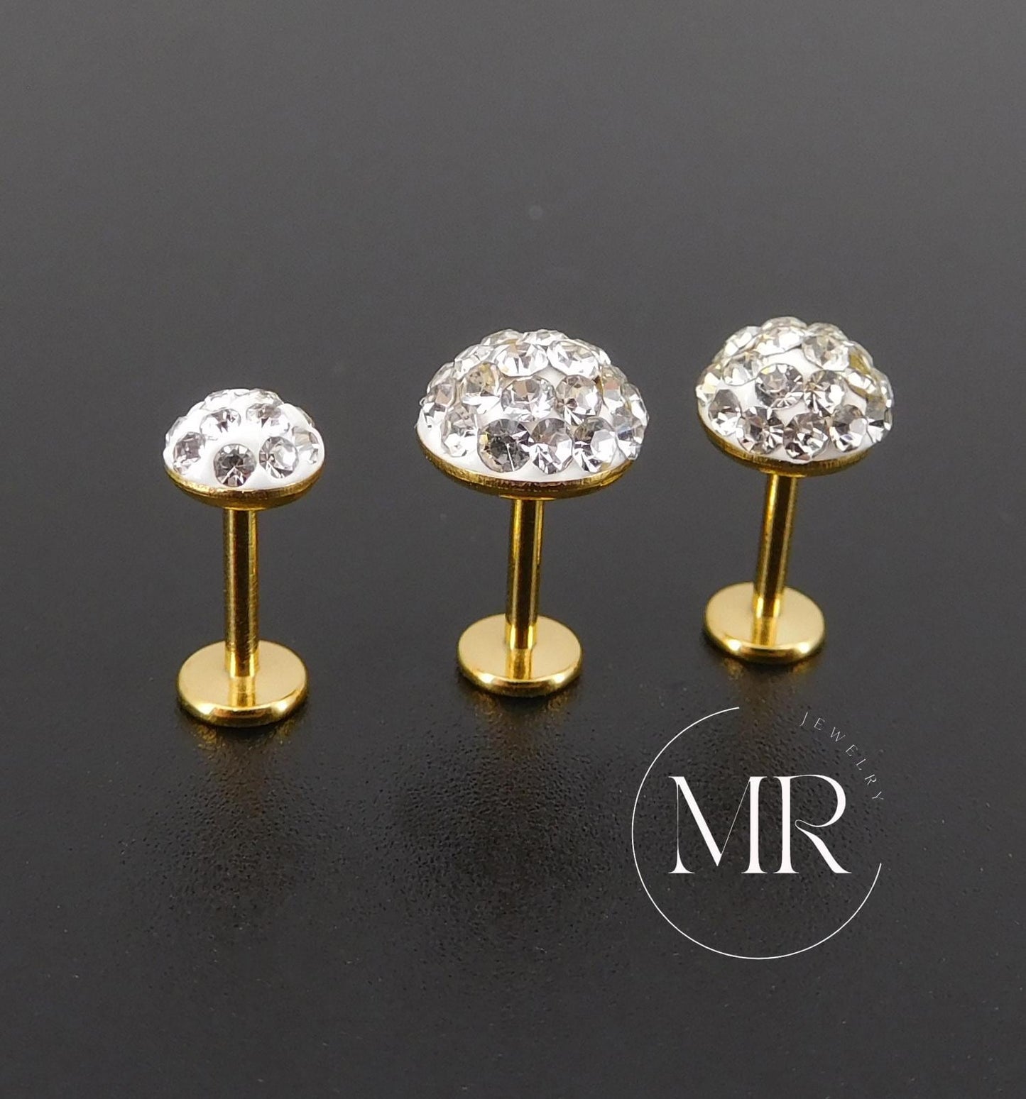 Gold PVD Threadless Stud, Clear Crystal Pave Piercing Jewelry, Cartilage Helix Tragus Nose Ring