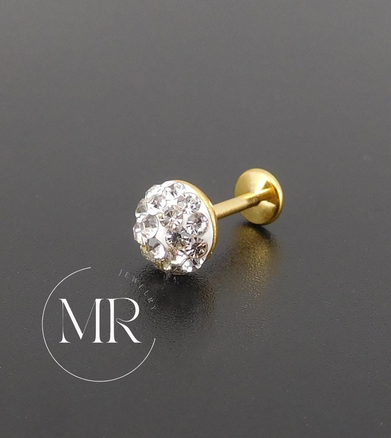 Gold PVD Threadless Stud, Clear Crystal Pave Piercing Jewelry, Cartilage Helix Tragus Nose Ring