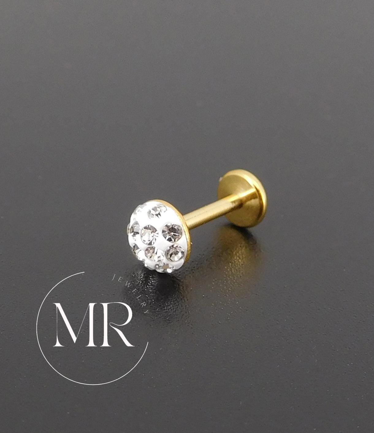 Gold PVD Threadless Stud, Clear Crystal Pave Piercing Jewelry, Cartilage Helix Tragus Nose Ring