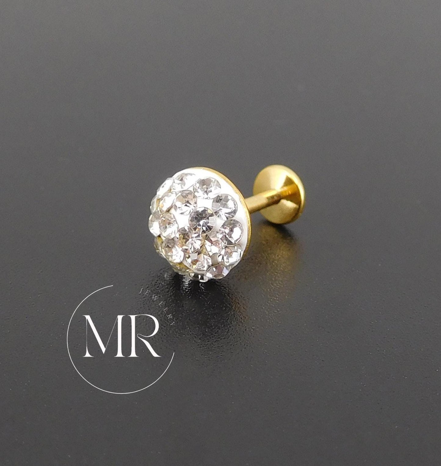 Gold PVD Threadless Stud, Clear Crystal Pave Piercing Jewelry, Cartilage Helix Tragus Nose Ring