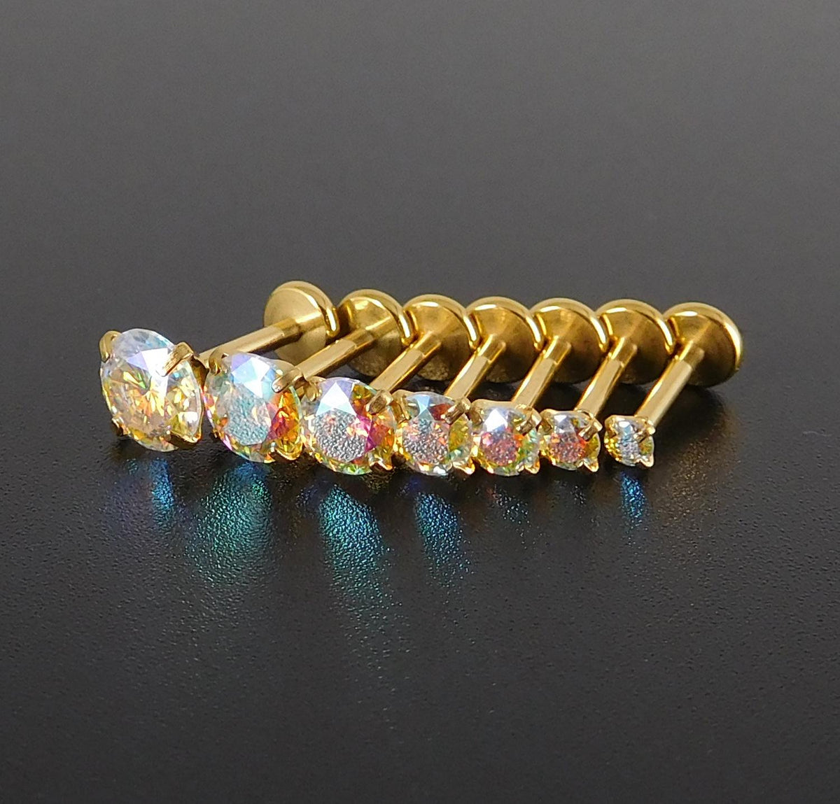 Moissanite Threadless Flat Back Stud Earring Gold PVD Stud Earring: Threadless Cartilage Tragus Ring, Nose Ring, Labret Stud Earring