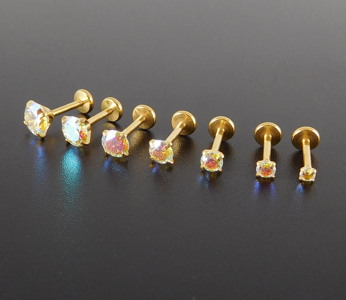 Moissanite Threadless Flat Back Stud Earring Gold PVD Stud Earring: Threadless Cartilage Tragus Ring, Nose Ring, Labret Stud Earring