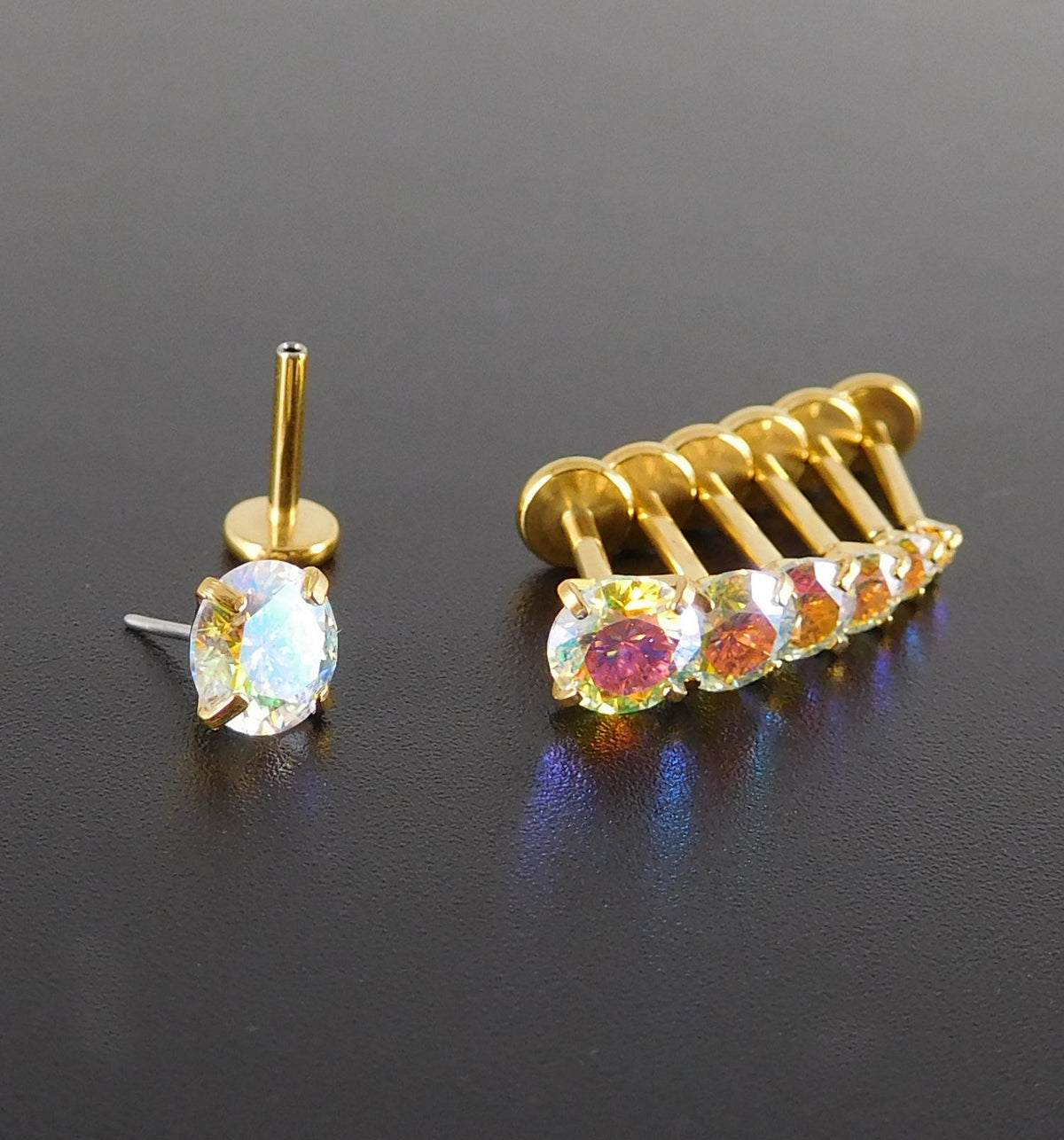 Moissanite Threadless Flat Back Stud Earring Gold PVD Stud Earring: Threadless Cartilage Tragus Ring, Nose Ring, Labret Stud Earring