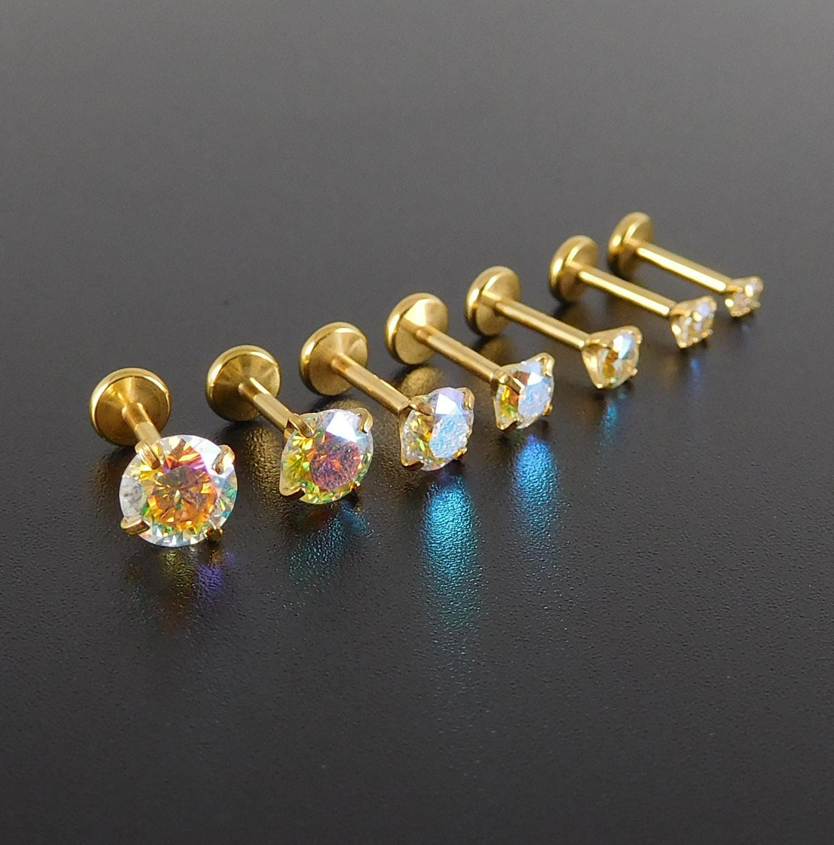 Moissanite Threadless Flat Back Stud Earring Gold PVD Stud Earring: Threadless Cartilage Tragus Ring, Nose Ring, Labret Stud Earring