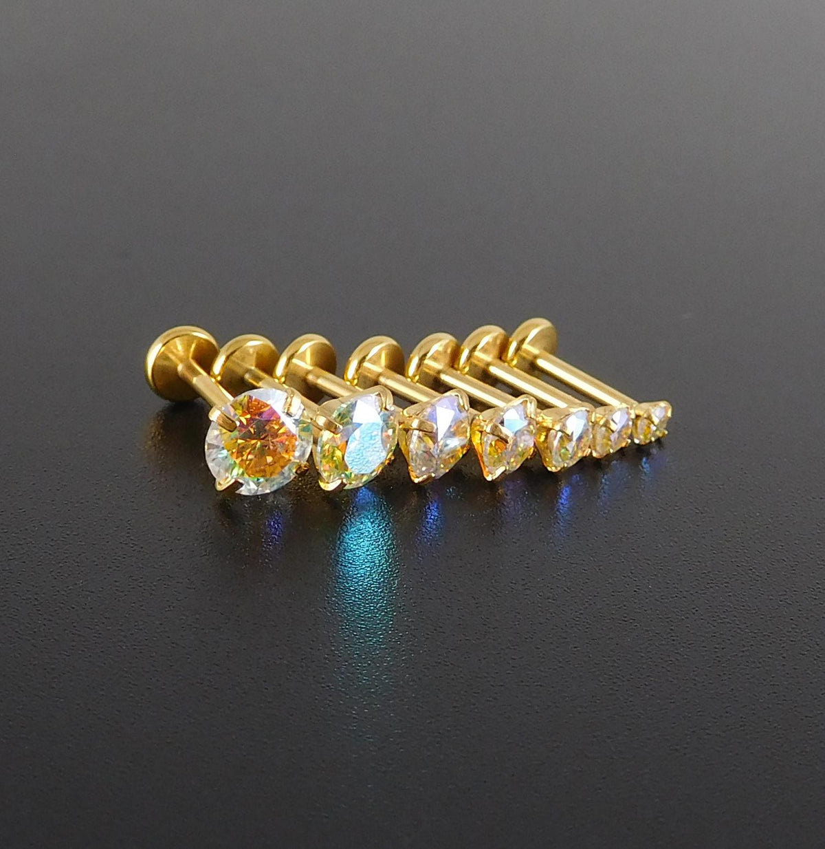 Moissanite Threadless Flat Back Stud Earring Gold PVD Stud Earring: Threadless Cartilage Tragus Ring, Nose Ring, Labret Stud Earring