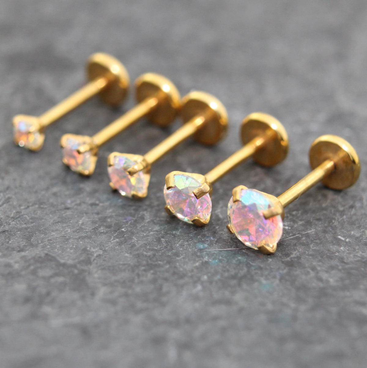 Gold Tone AB Crystal Threadless Stud Earring - AB Crystal Nose Stud - Labret Stud Earring - Flat Back Earring - Tragus Piercing Stud