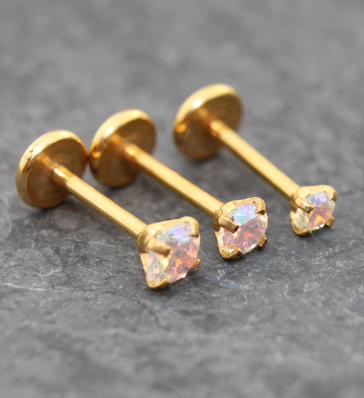 Gold Tone AB Crystal Threadless Stud Earring - AB Crystal Nose Stud - Labret Stud Earring - Flat Back Earring - Tragus Piercing Stud