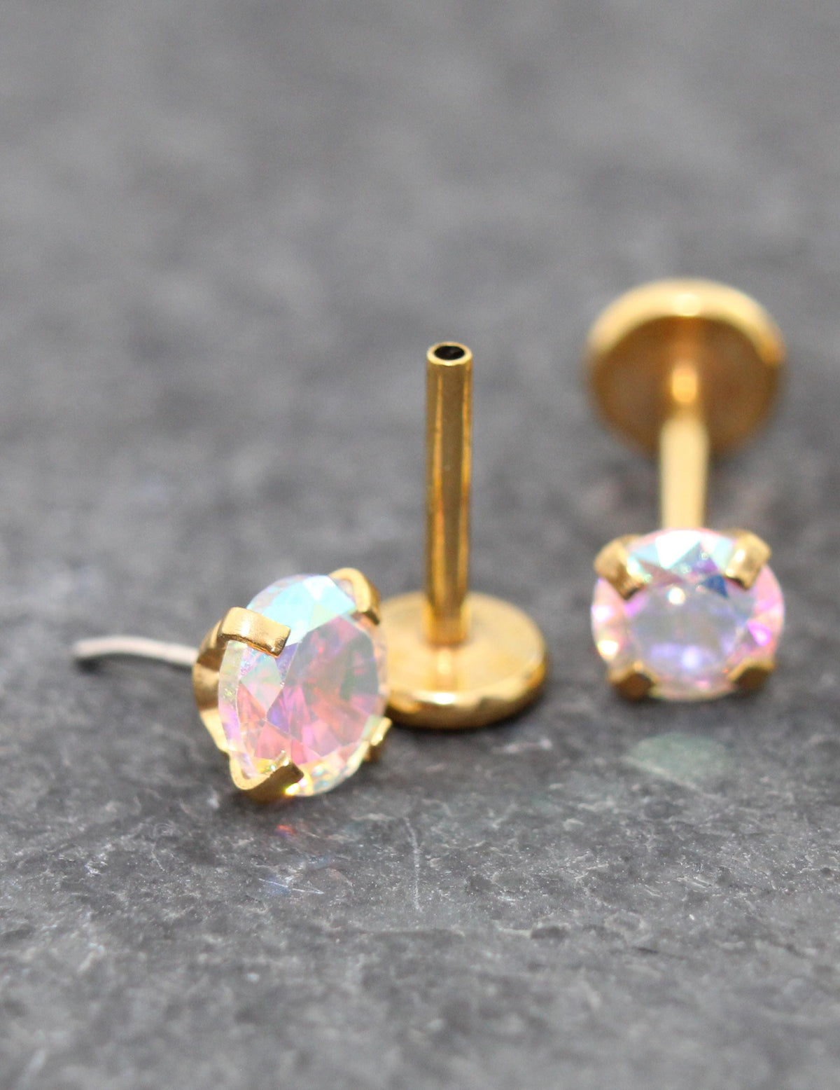 Gold Tone AB Crystal Threadless Stud Earring - AB Crystal Nose Stud - Labret Stud Earring - Flat Back Earring - Tragus Piercing Stud