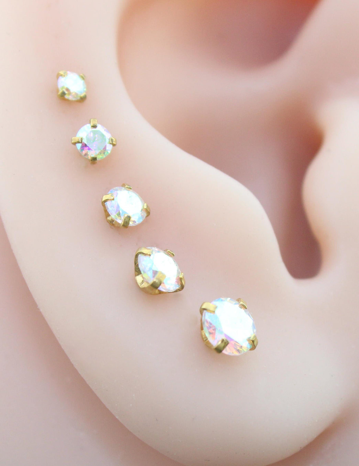 Gold Tone AB Crystal Threadless Stud Earring - AB Crystal Nose Stud - Labret Stud Earring - Flat Back Earring - Tragus Piercing Stud
