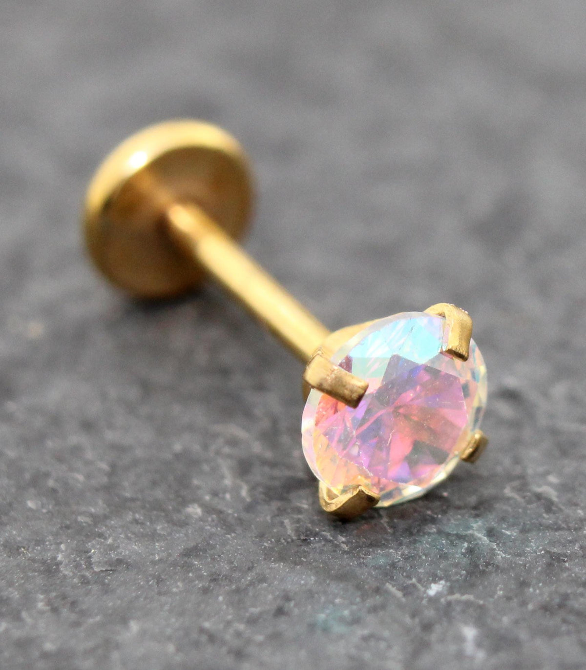 Gold Tone AB Crystal Threadless Stud Earring - AB Crystal Nose Stud - Labret Stud Earring - Flat Back Earring - Tragus Piercing Stud