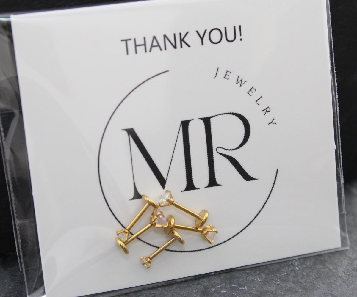 Gold Tone AB Crystal Threadless Stud Earring - AB Crystal Nose Stud - Labret Stud Earring - Flat Back Earring - Tragus Piercing Stud