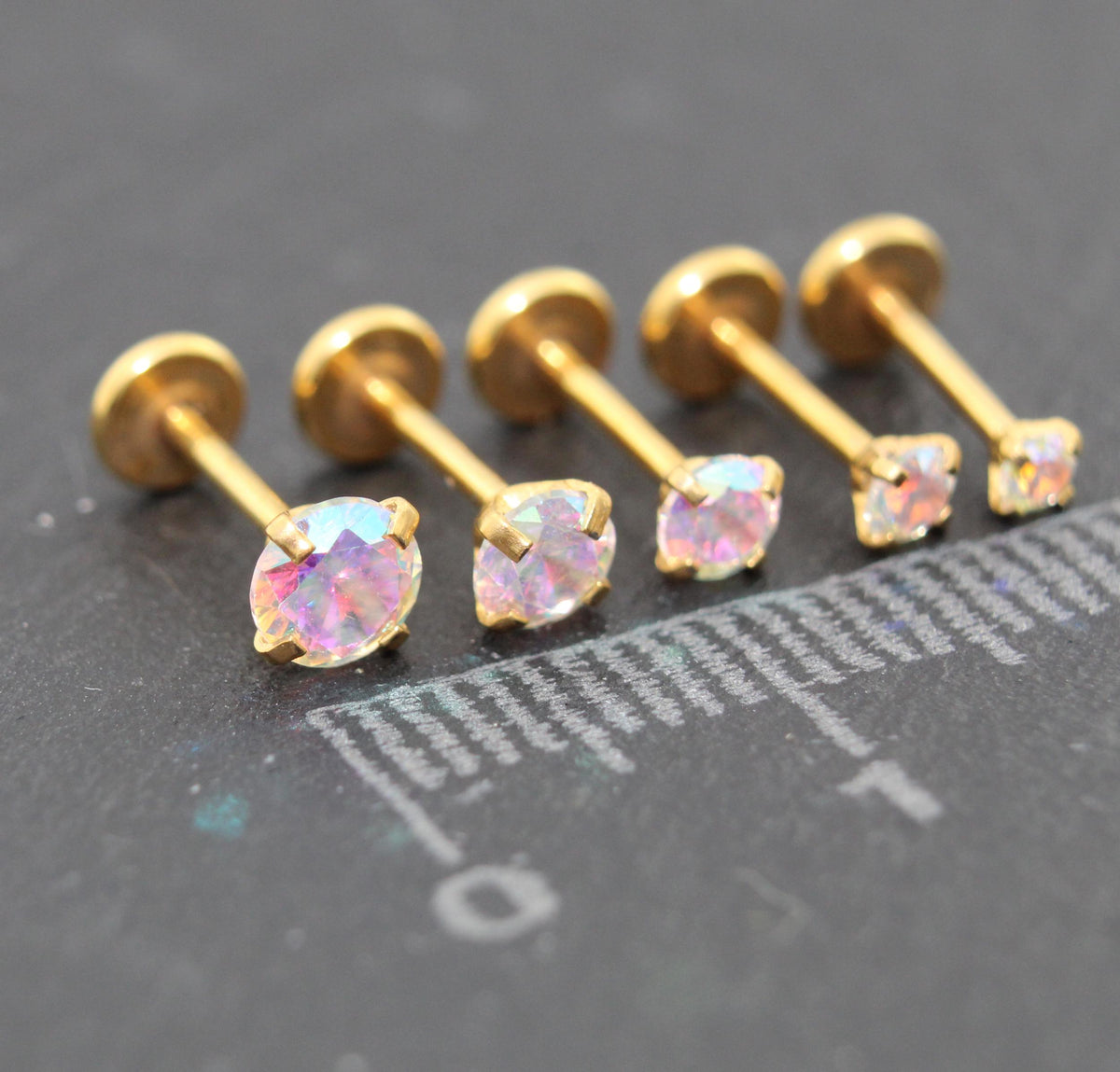 Gold Tone AB Crystal Threadless Stud Earring - AB Crystal Nose Stud - Labret Stud Earring - Flat Back Earring - Tragus Piercing Stud