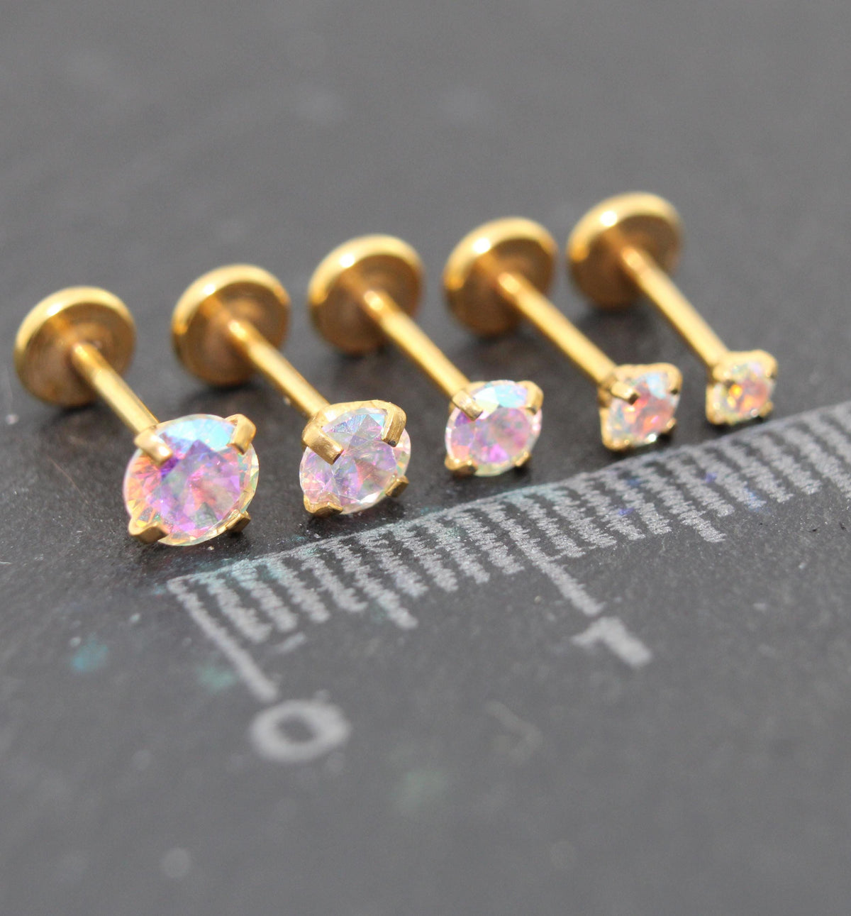 Gold Tone AB Crystal Threadless Stud Earring - AB Crystal Nose Stud - Labret Stud Earring - Flat Back Earring - Tragus Piercing Stud