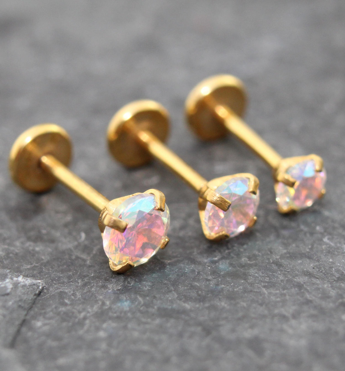 Gold Tone AB Crystal Threadless Stud Earring - AB Crystal Nose Stud - Labret Stud Earring - Flat Back Earring - Tragus Piercing Stud
