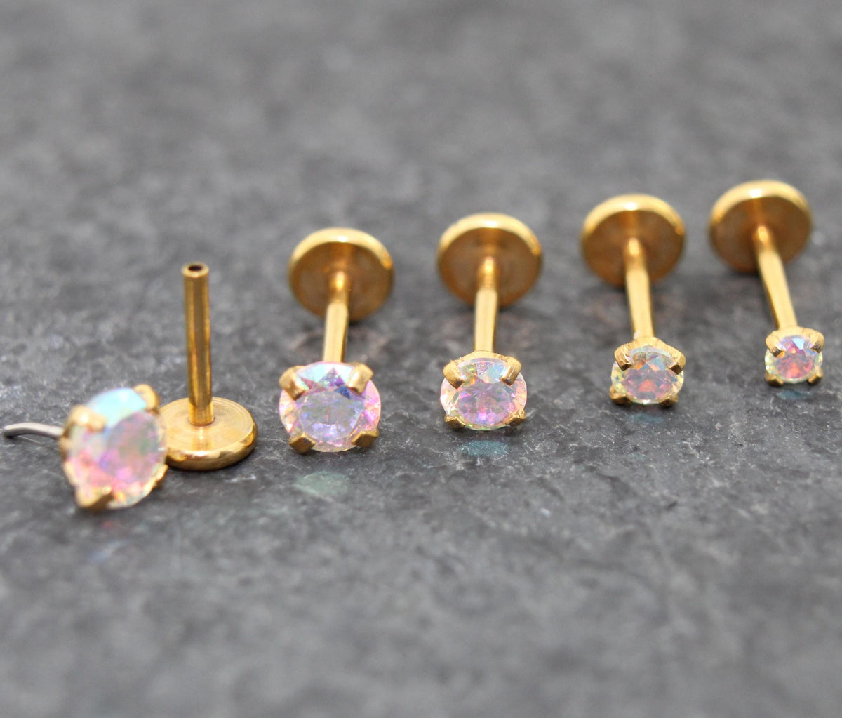 Gold Tone AB Crystal Threadless Stud Earring - AB Crystal Nose Stud - Labret Stud Earring - Flat Back Earring - Tragus Piercing Stud