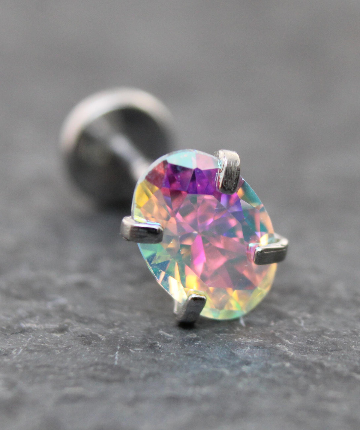 Tiny Oval AB CZ Tragus Silver Stud Earring • Rainbow Nose Ring • Tragus Piercing Stud Threadless Push Pin Flat Back Earring • Forward Helix