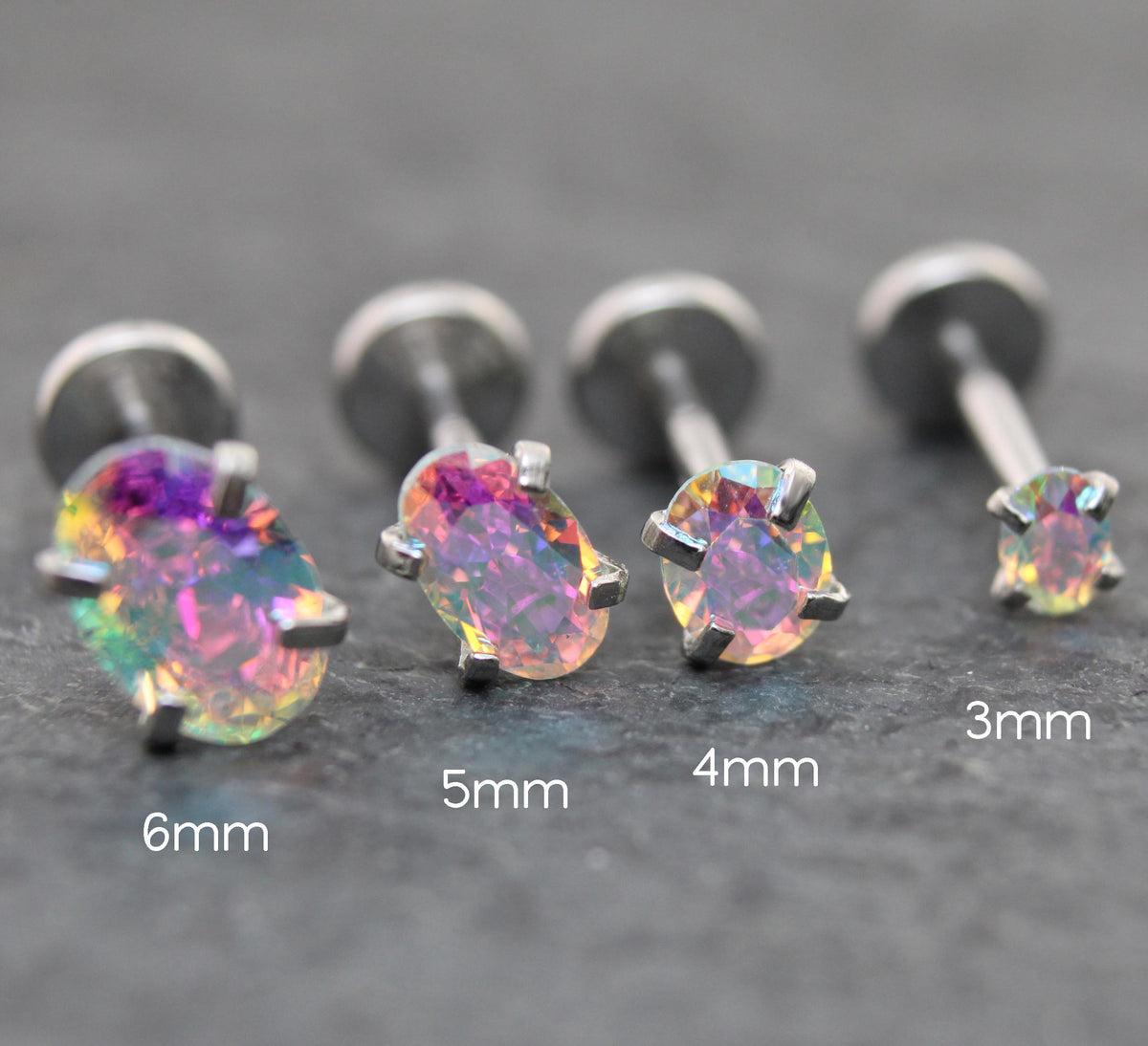 Tiny Oval AB CZ Tragus Silver Stud Earring • Rainbow Nose Ring • Tragus Piercing Stud Threadless Push Pin Flat Back Earring • Forward Helix