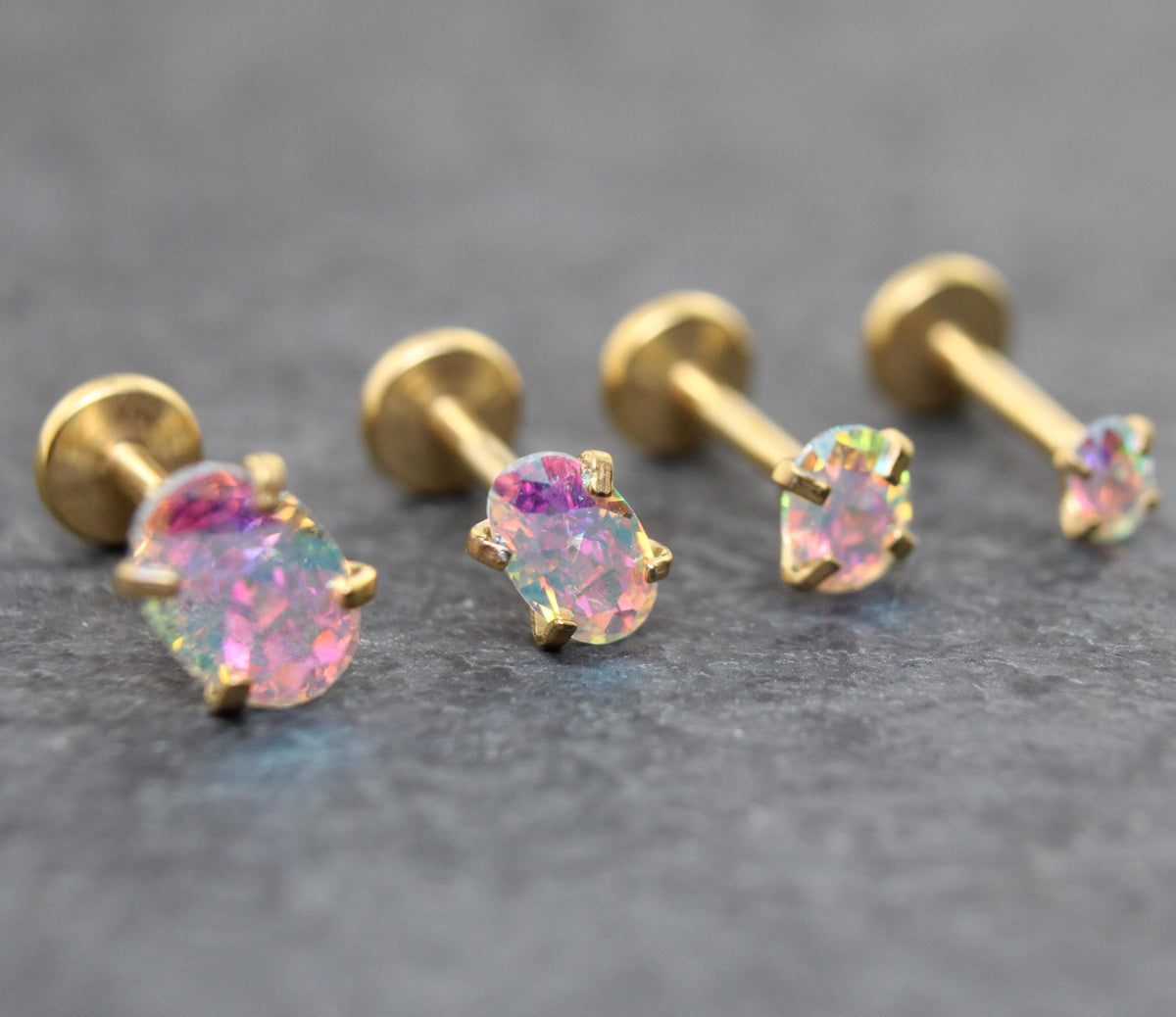 Gold Oval AB CZ Tragus Stud Earring • Gold PVD Rainbow Nose Ring • Tiny Tragus Piercing Stud • Threadless Push Pin Flat Back Earring