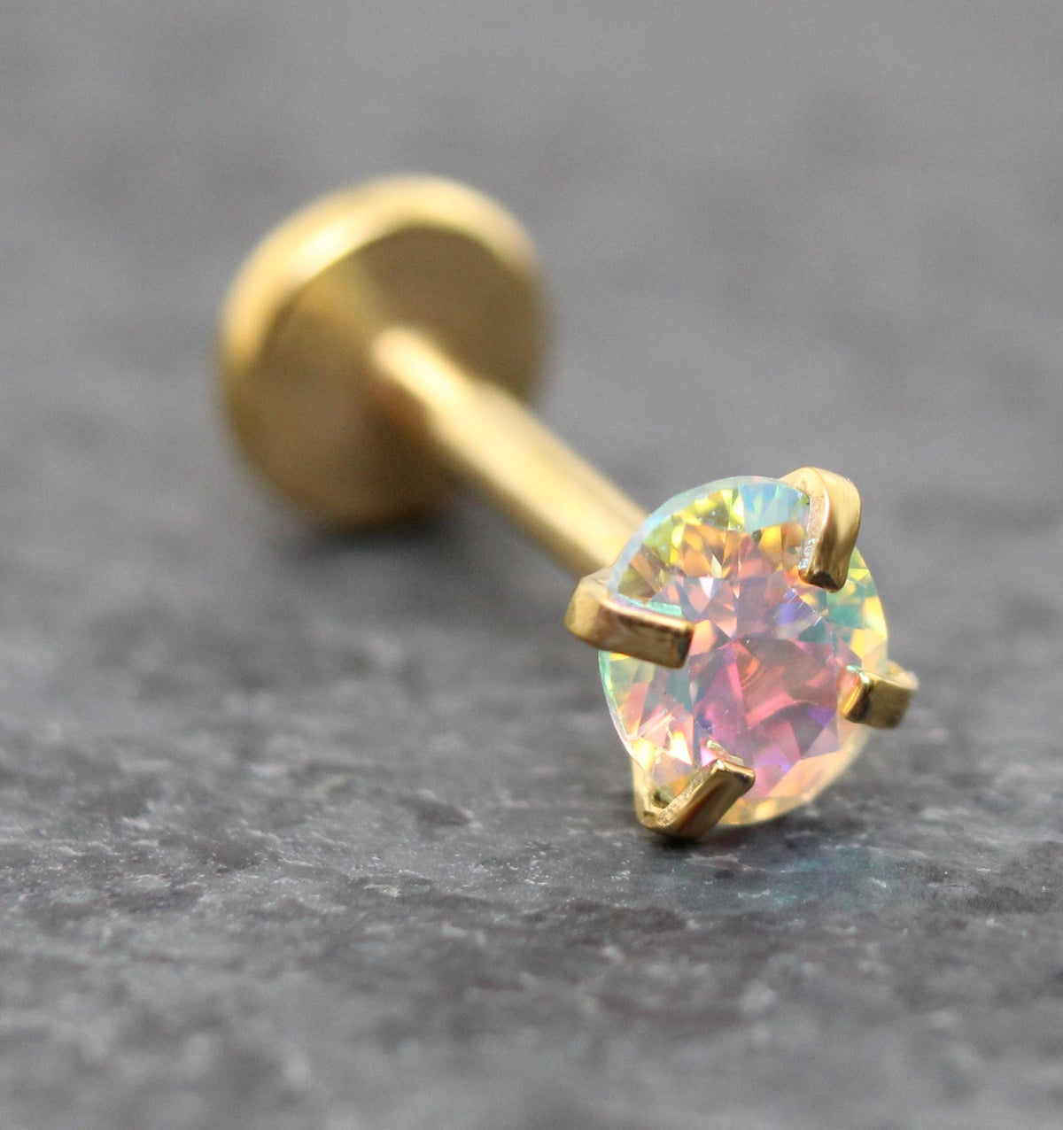 Gold Oval AB CZ Tragus Stud Earring • Gold PVD Rainbow Nose Ring • Tiny Tragus Piercing Stud • Threadless Push Pin Flat Back Earring