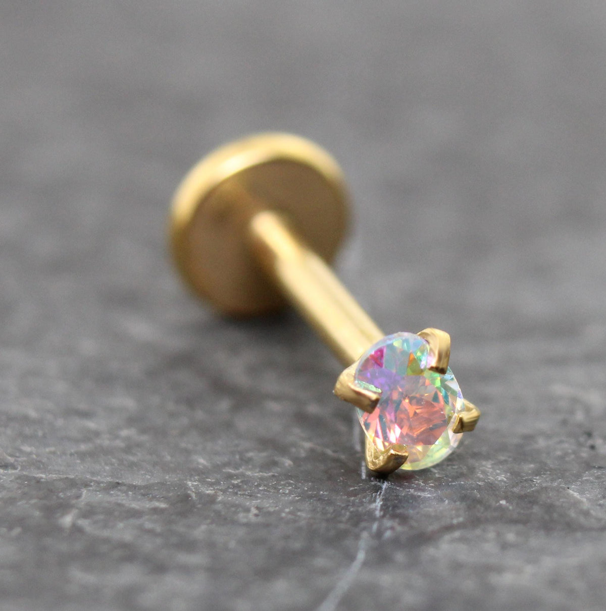 Gold Oval AB CZ Tragus Stud Earring • Gold PVD Rainbow Nose Ring • Tiny Tragus Piercing Stud • Threadless Push Pin Flat Back Earring