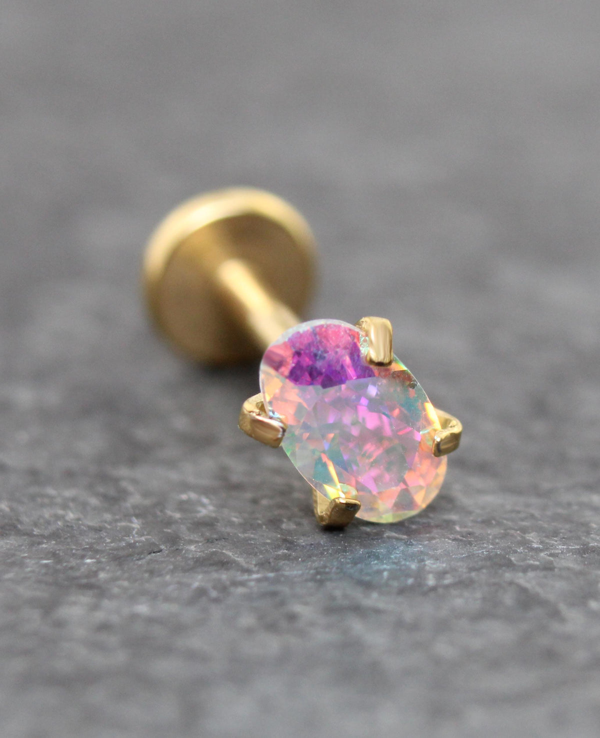Gold Oval AB CZ Tragus Stud Earring • Gold PVD Rainbow Nose Ring • Tiny Tragus Piercing Stud • Threadless Push Pin Flat Back Earring