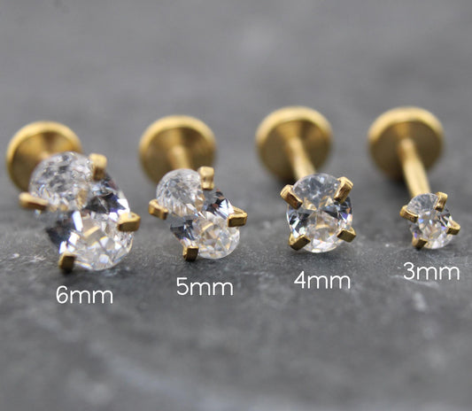 Tiny Oval Clear CZ Tragus Gold Earring • Gold PVD Nose Ring • Tragus Piercing Stud • Threadless Push Pin Flat Back Earring • Forward Helix
