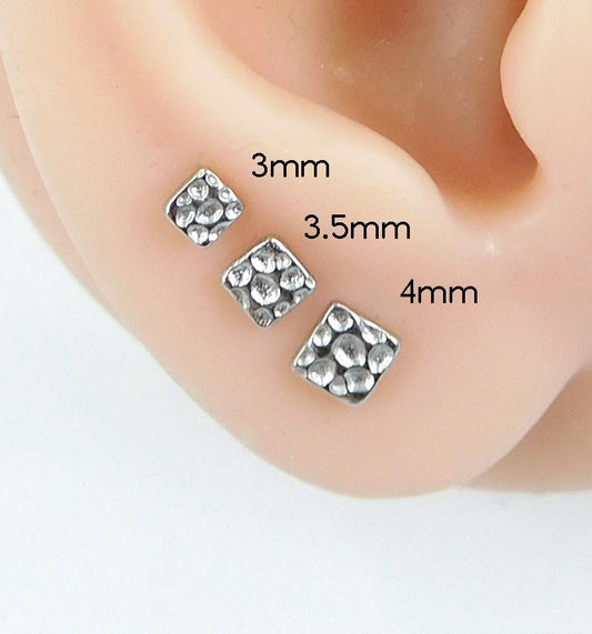 Hammered Silver Square Stud Earring - Threadless Piercing Stud- Tiny Tragus Earring, Gold PVD Push Pin Nose Stud - Cartilage Stud Earring