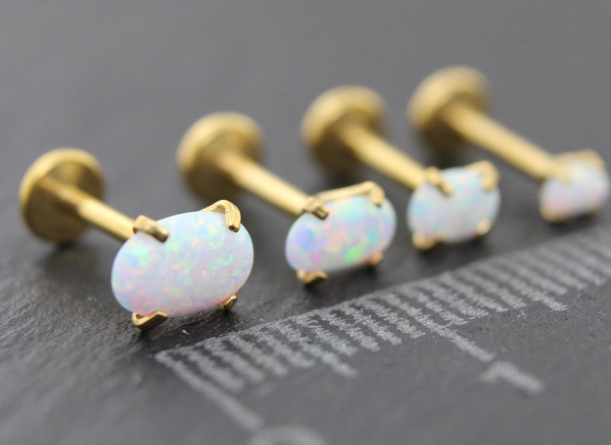 Tiny Opal Flat Back Gold Earring • Oval Tragus Piercing Stud • Threadless Push Pin Flat Back Earring • Forward Helix • Gold Nose Ring