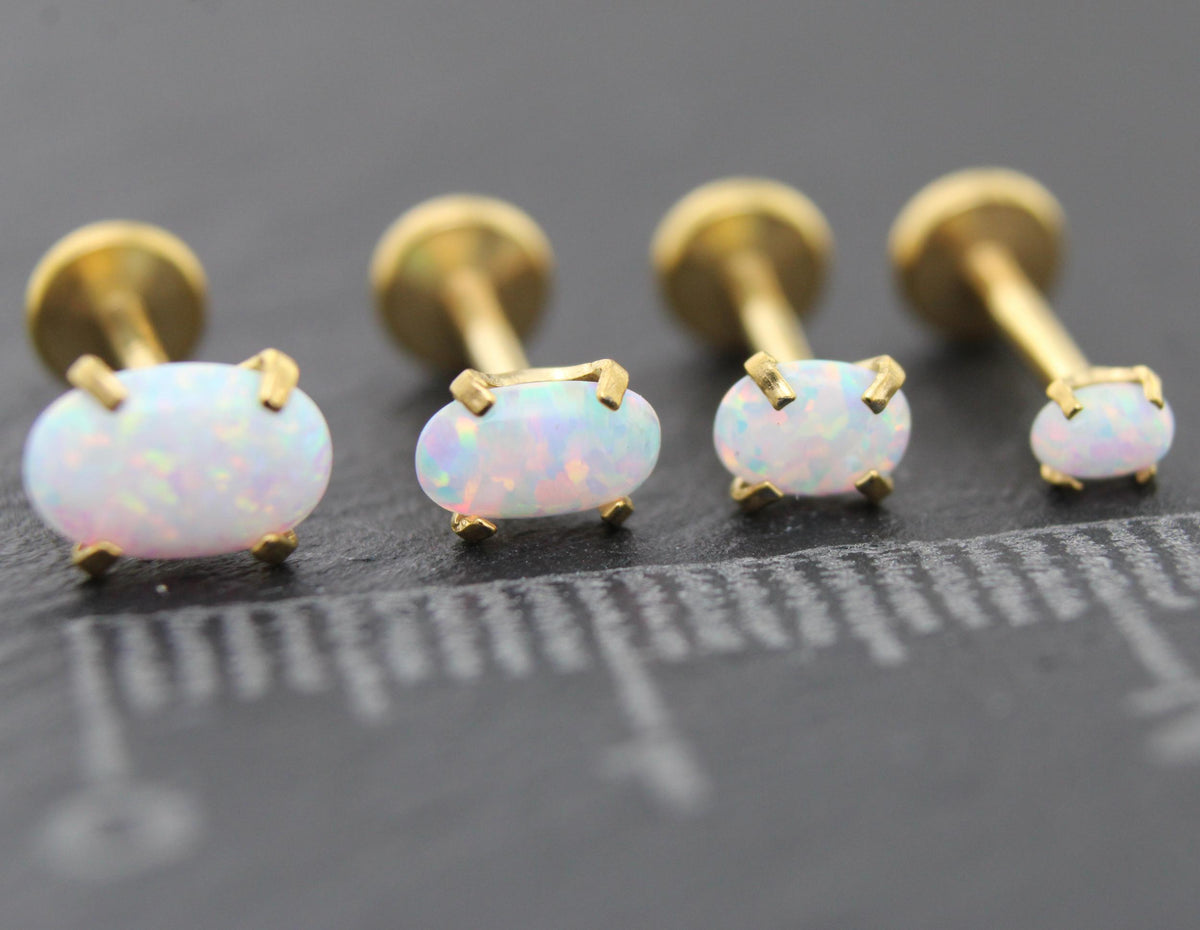 Tiny Opal Flat Back Gold Earring • Oval Tragus Piercing Stud • Threadless Push Pin Flat Back Earring • Forward Helix • Gold Nose Ring