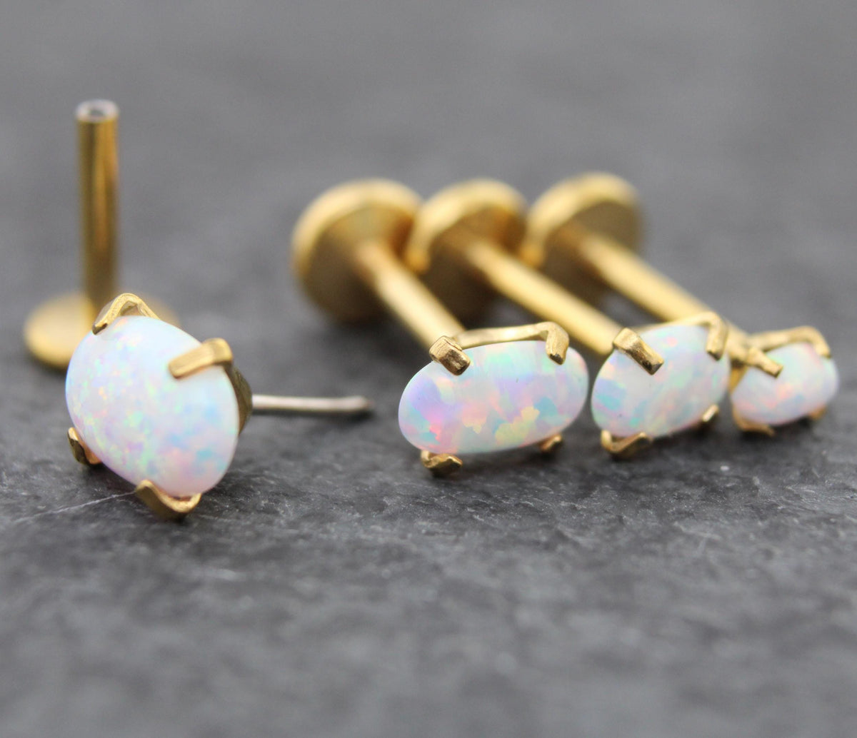 Tiny Opal Flat Back Gold Earring • Oval Tragus Piercing Stud • Threadless Push Pin Flat Back Earring • Forward Helix • Gold Nose Ring